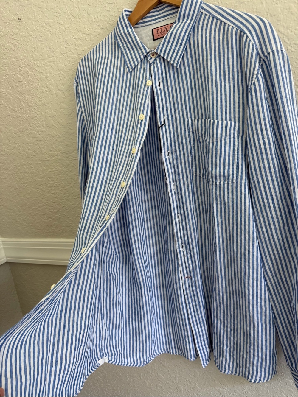 Thomas Pink Men’s 100% Linen Blue White Striped Shirt | Size: L | NWT - Picture 5 of 9